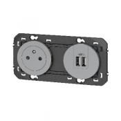  2P+T CHARGEUR USB 2POSTES ALU 